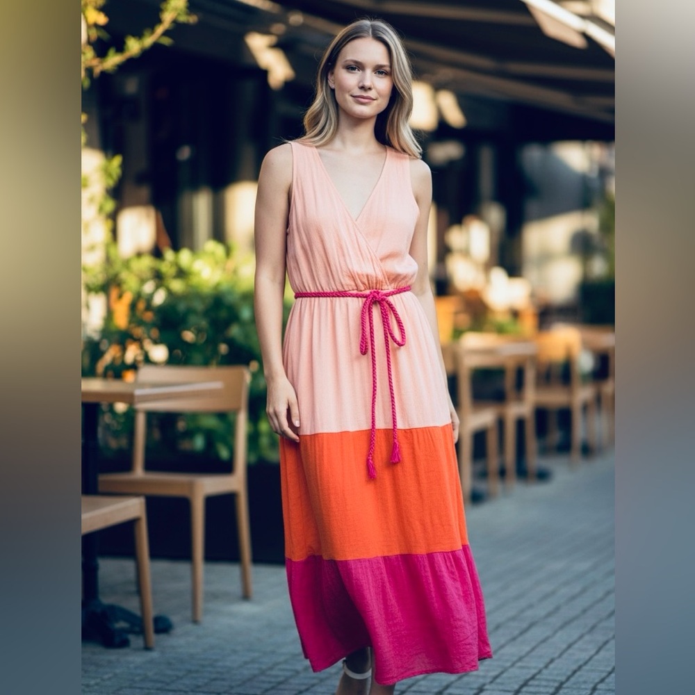 Flying Tomato A. Calin Tiered Maxi Dress Surplus Bodice Fully Lined, L